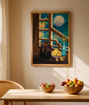 Noche iluminada por la luna con pasteles de luna y decoración floral sobre una mesa de madera