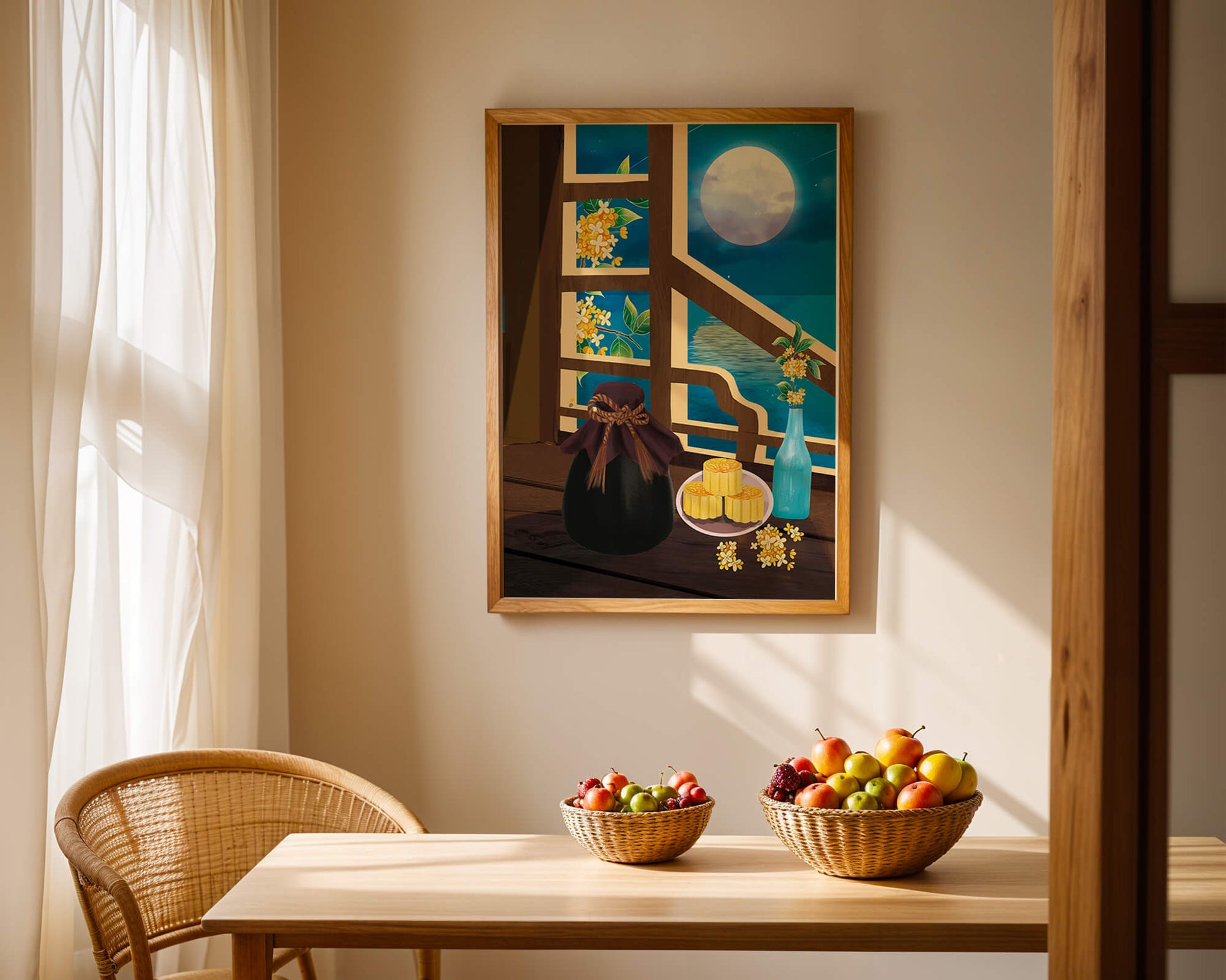 Noche iluminada por la luna con pasteles de luna y decoración floral sobre una mesa de madera
