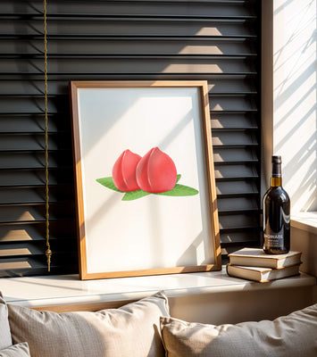 Realistic illustration of juicy peaches with green leaves