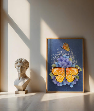 Bright butterfly with blue flowers on a starry background