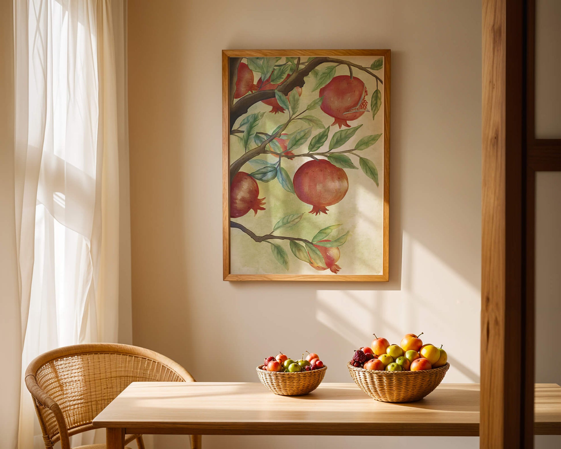 Watercolor illustration of pomegranates on a branch with leaves