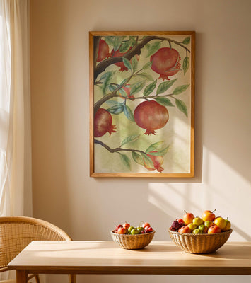 Watercolor illustration of pomegranates on a branch with leaves