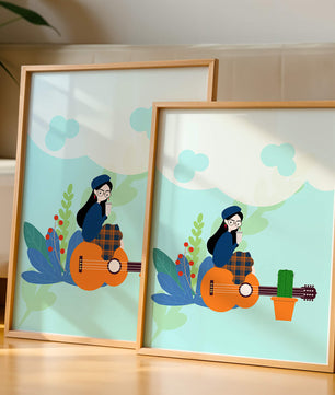 Illustration of a woman with coffee sitting on a guitar surrounded by foliage
