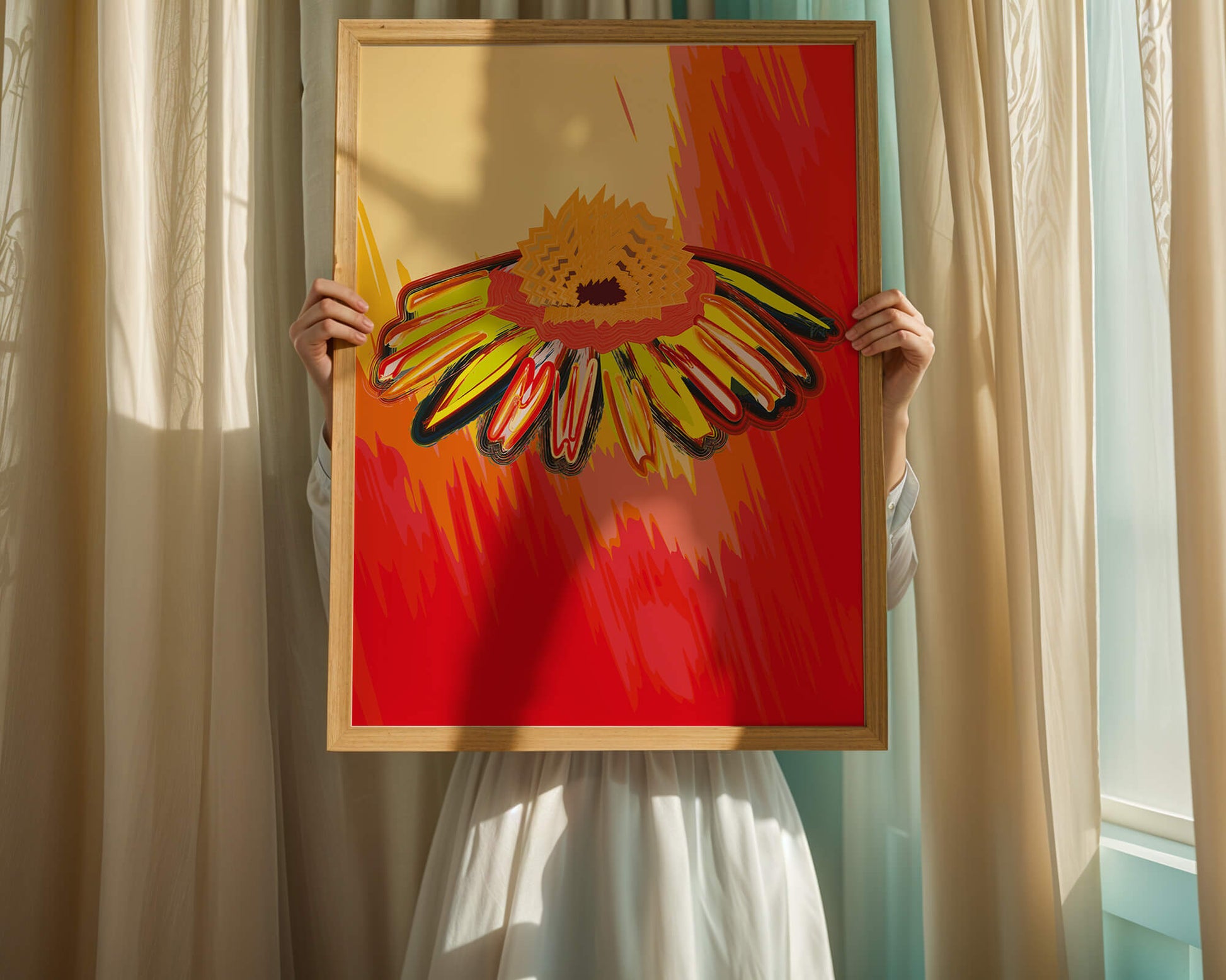 Abstract vibrant flower illustration with bold colors and dynamic strokes