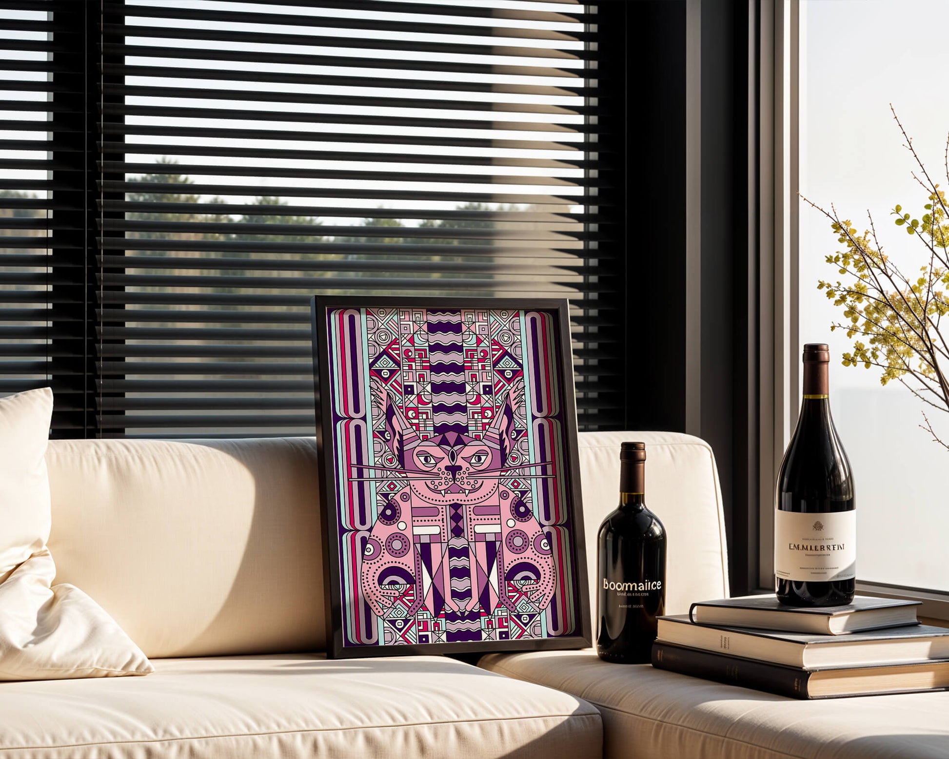 Art de chat géométrique coloré avec motifs abstraits en tons pastel
