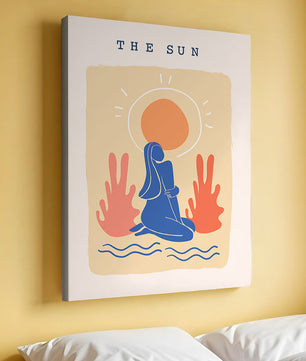 Modern abstract art poster featuring the sun and a serene figure in blue and coral tones - Mi tienda