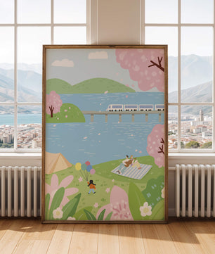 Piknik Tepi Danau yang Damai dengan Bunga Sakura dan Kereta Api