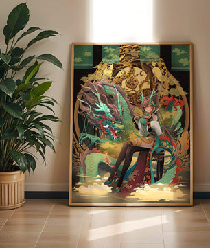Art fantastique élégant d'une femme avec un dragon majestueux et des éléments dorés