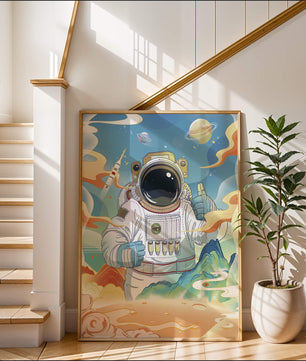 Colorful illustration of an astronaut in space with planets and rocket
