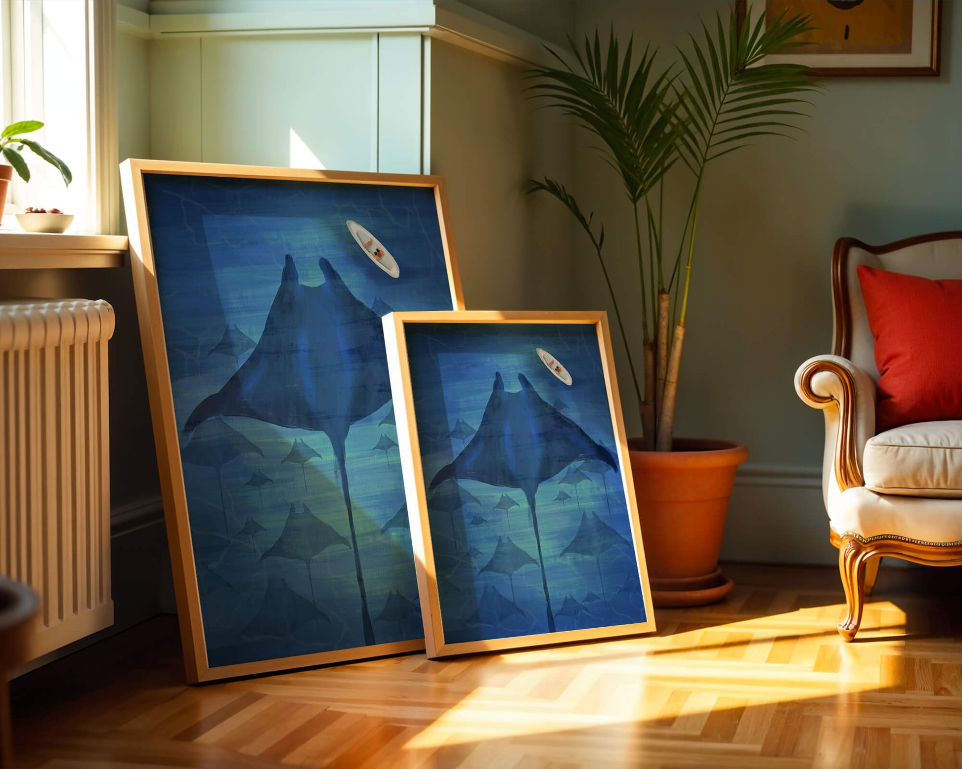 Serene underwater scene with manta rays and a lone kayak