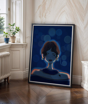 Illustration d'une femme avec des lumières bokeh et des boucles d'oreilles élégantes
