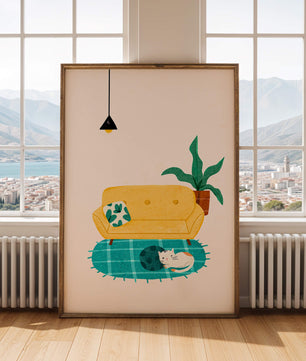 Cozy Living Room with Yellow Sofa and Sleeping Cat