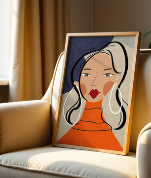 Colorful abstract portrait featuring a woman with red lips and hoop earrings on textured background - Mi tienda