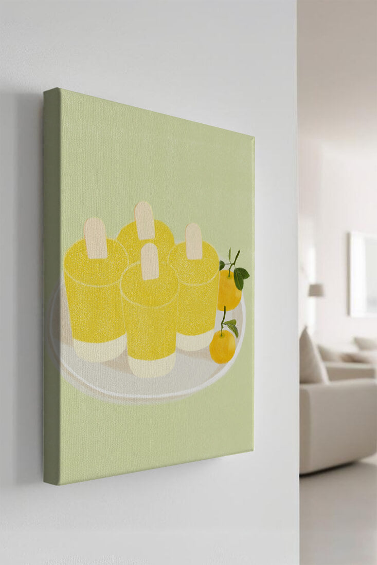 Illustration of yellow popsicles and oranges on a plate