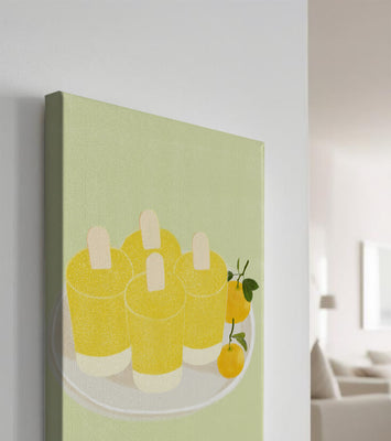 Illustration of yellow popsicles and oranges on a plate