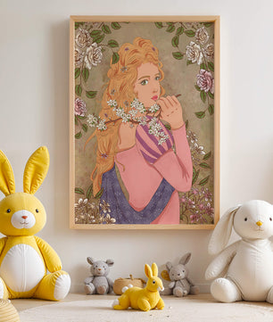Ilustración floral romántica de una mujer con cabello largo y flores en flor