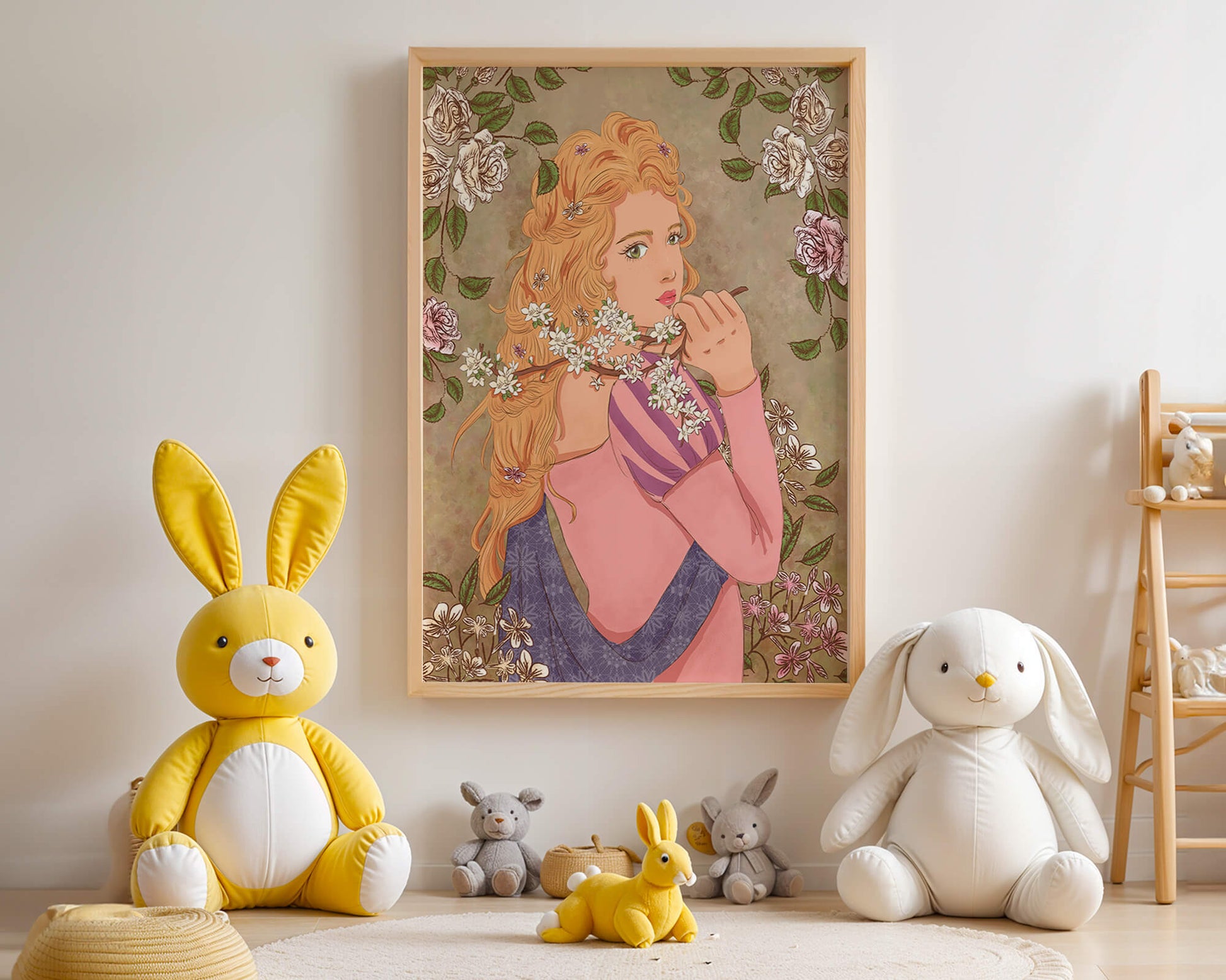 Ilustración floral romántica de una mujer con cabello largo y flores florecientes