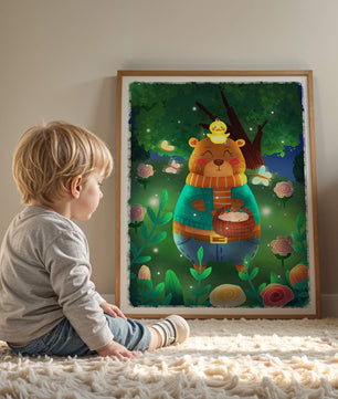 Charming bear in a colorful garden with flowers and fireflies
