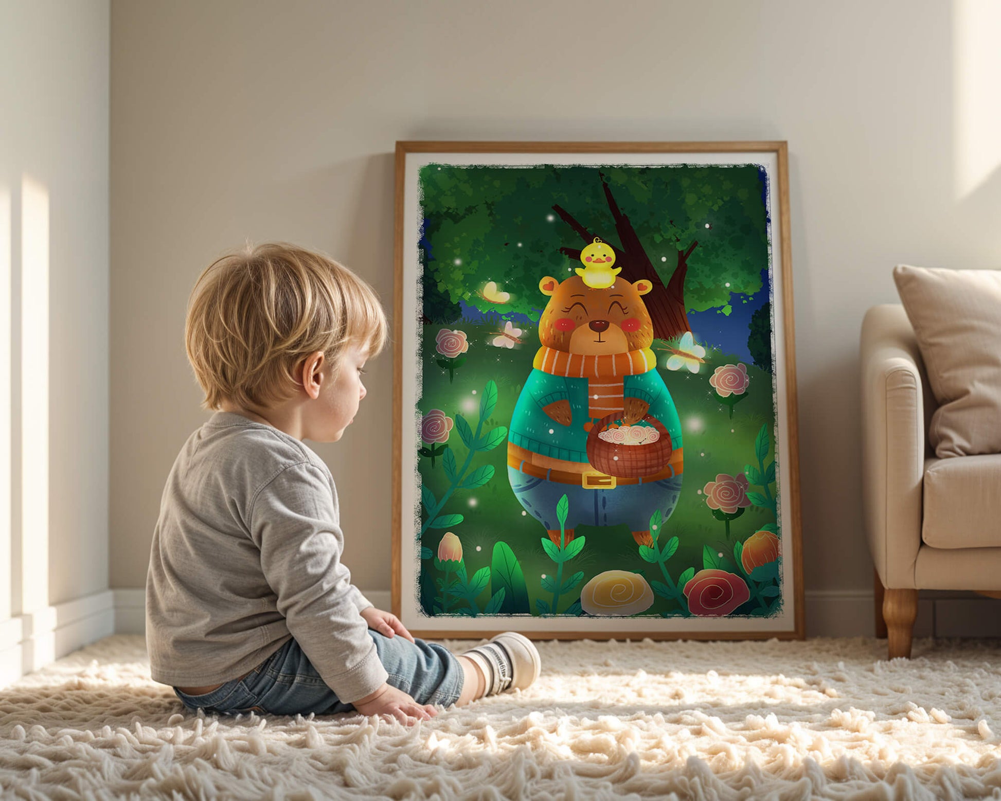 Charming bear in a colorful garden with flowers and fireflies