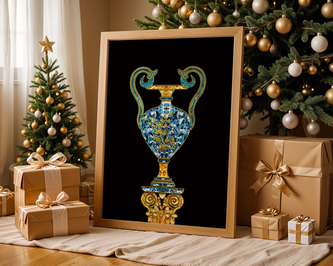 Elegante jarrón con incrustaciones de joyas y detalles dorados y azules sobre fondo negro