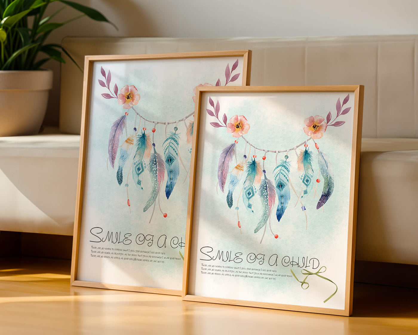 Whimsical dreamcatcher with feathers and flowers in a pastel watercolor style