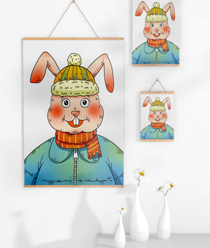 Charmantes Cartoon-Häschen mit Winteroutfit und verspieltem Ausdruck