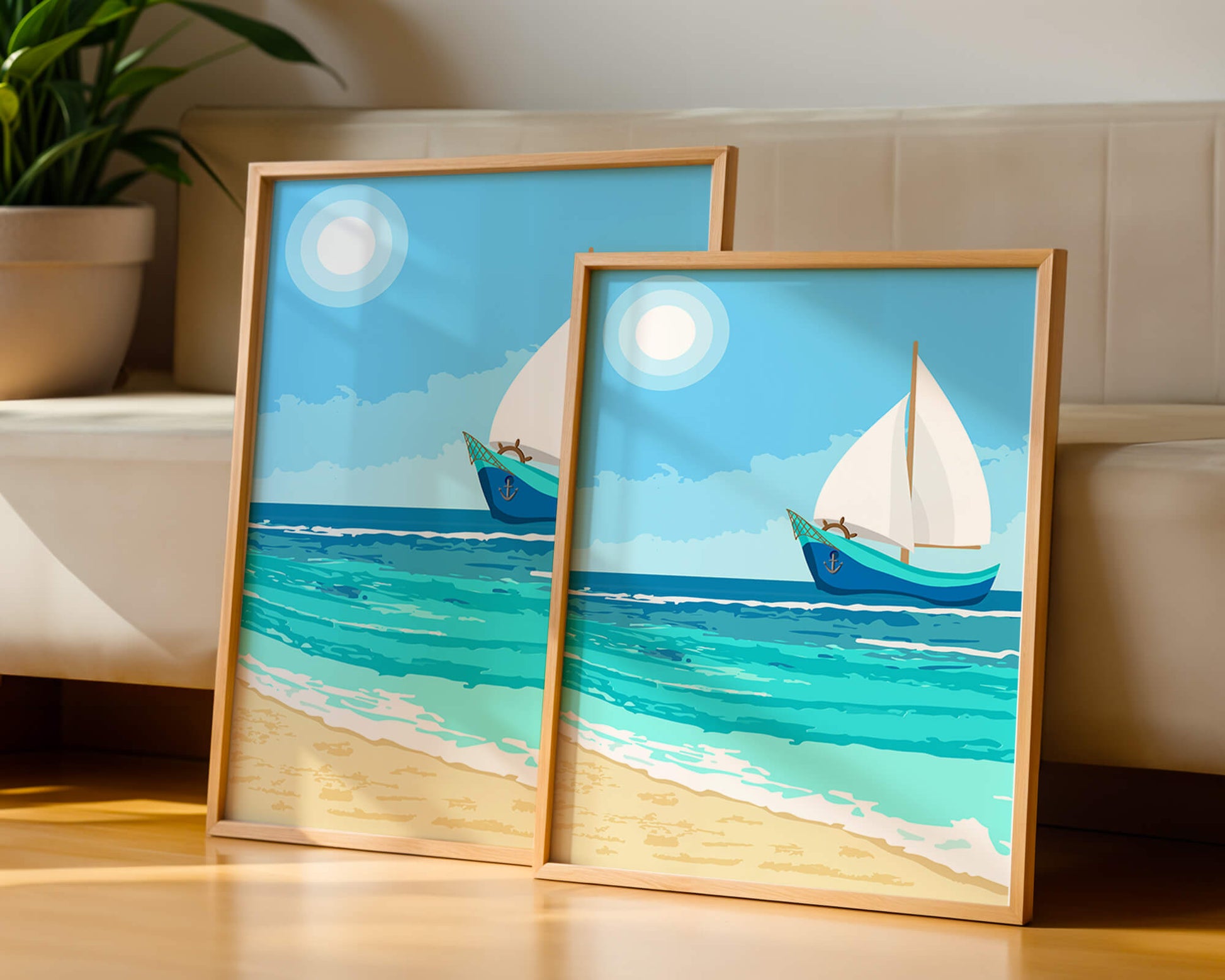 Serene ocean scenery with sailboat under the sun