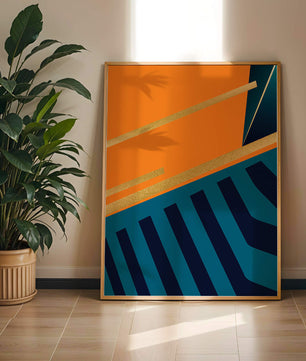 Moderne geometrische Abstraktion mit goldenen Elementen und kräftigen Farben 