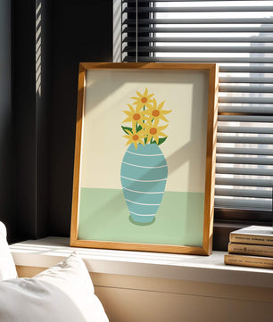 Yellow Sunflowers in a Blue Striped Vase on a Minimalist Background - Mi tienda