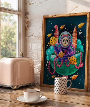 Whimsical space panda illustration with planets and stars
