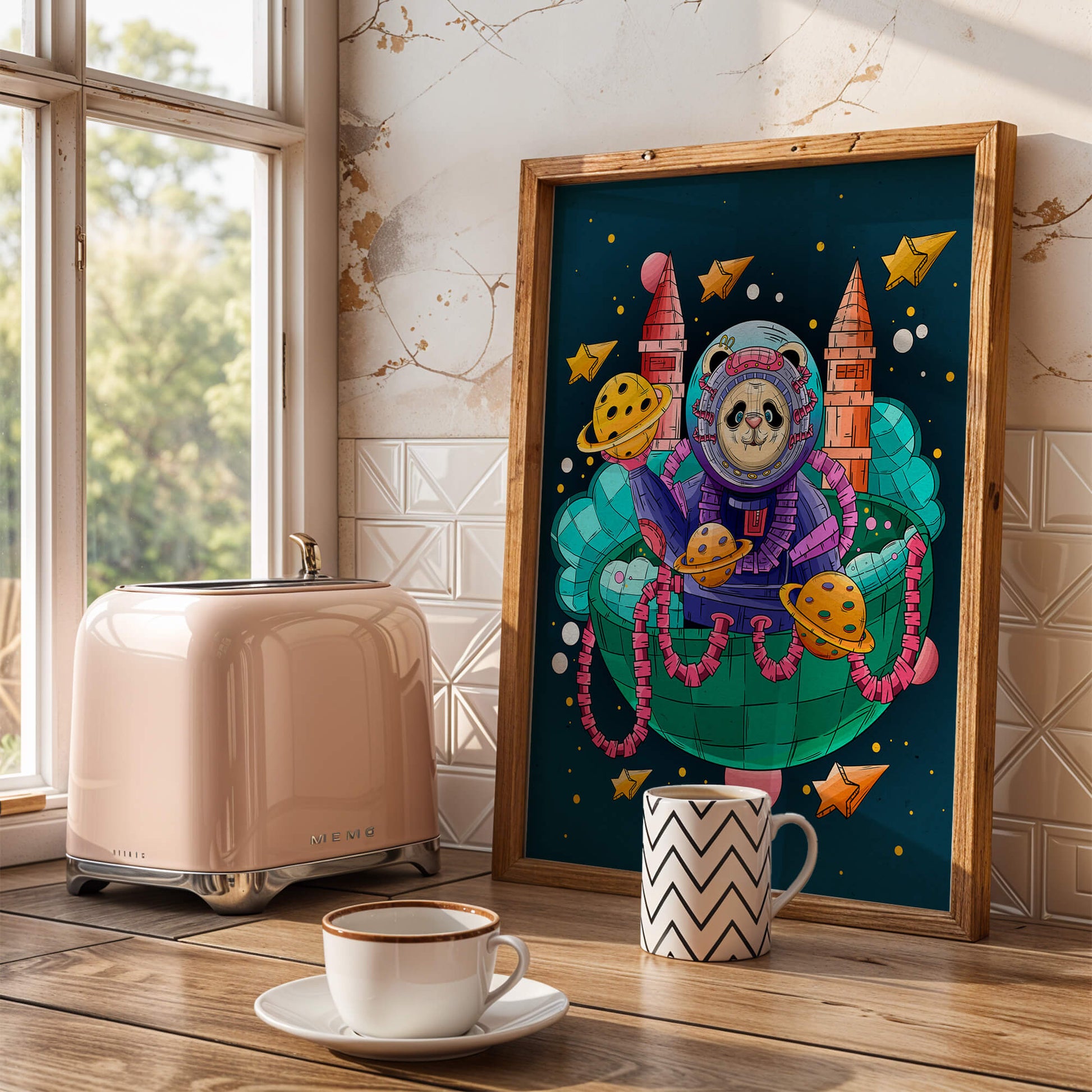 Whimsical space panda illustration with planets and stars