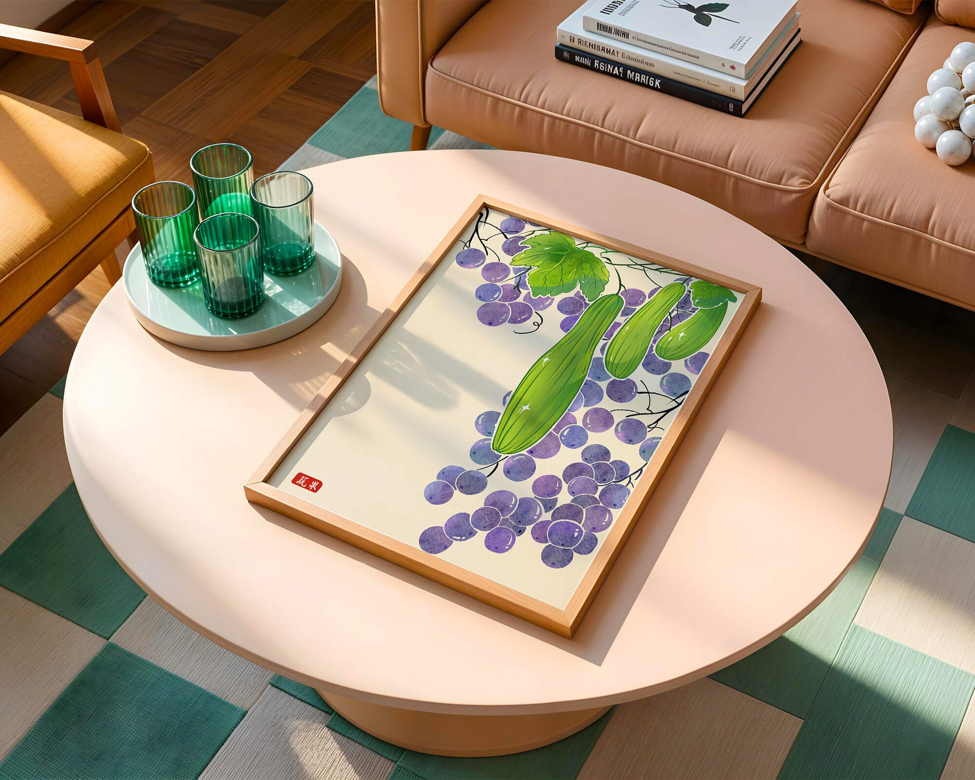 Ilustración de uvas y pepino con colores vibrantes y hojas