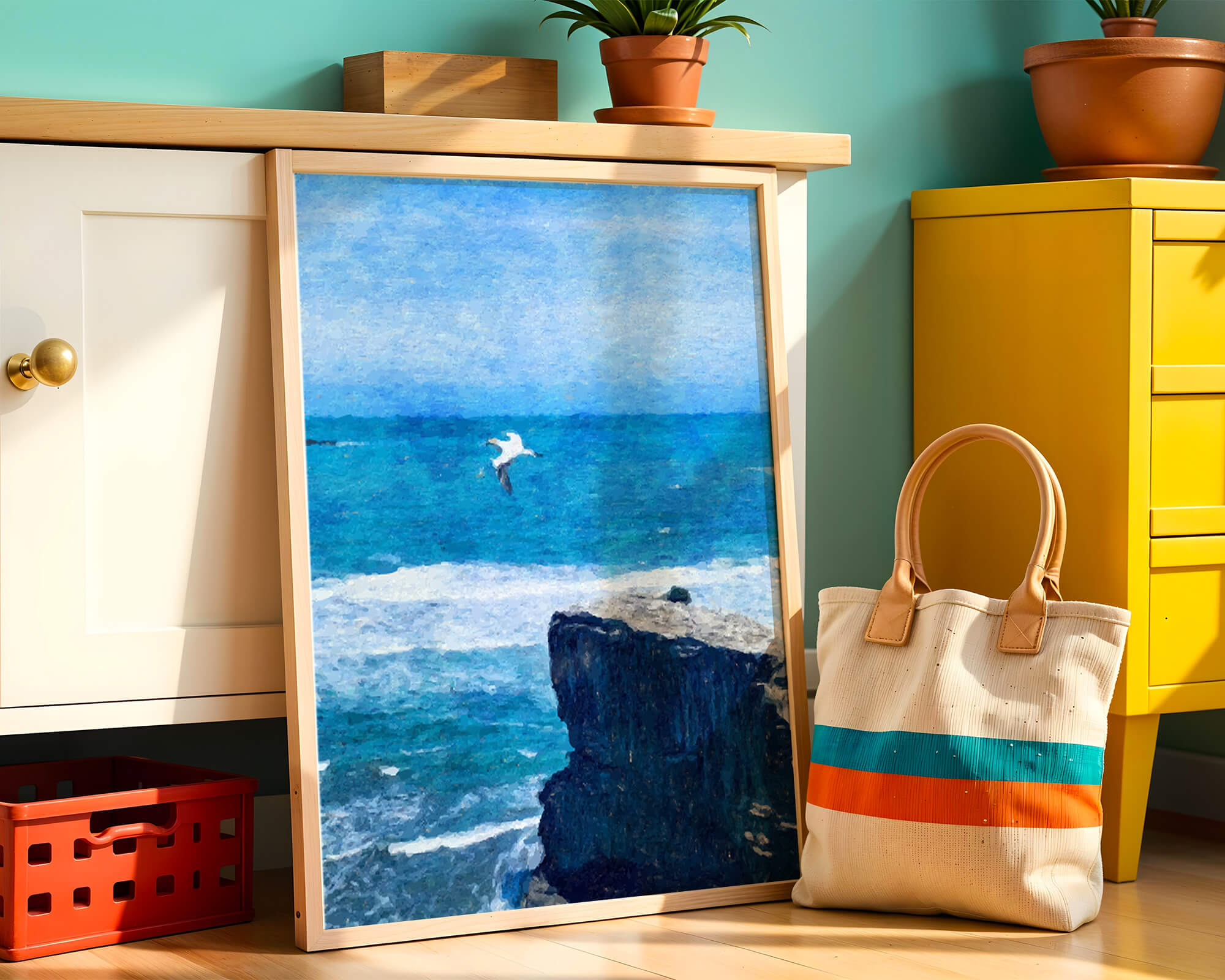Seascape with soaring seagull over rocky cliff and ocean waves