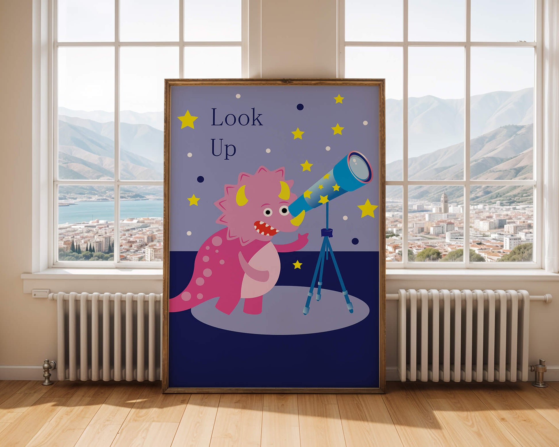 Pink cartoon dinosaur looking through a telescope with stars