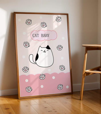 Adorable cat baby illustration with cute paw prints and polka dots