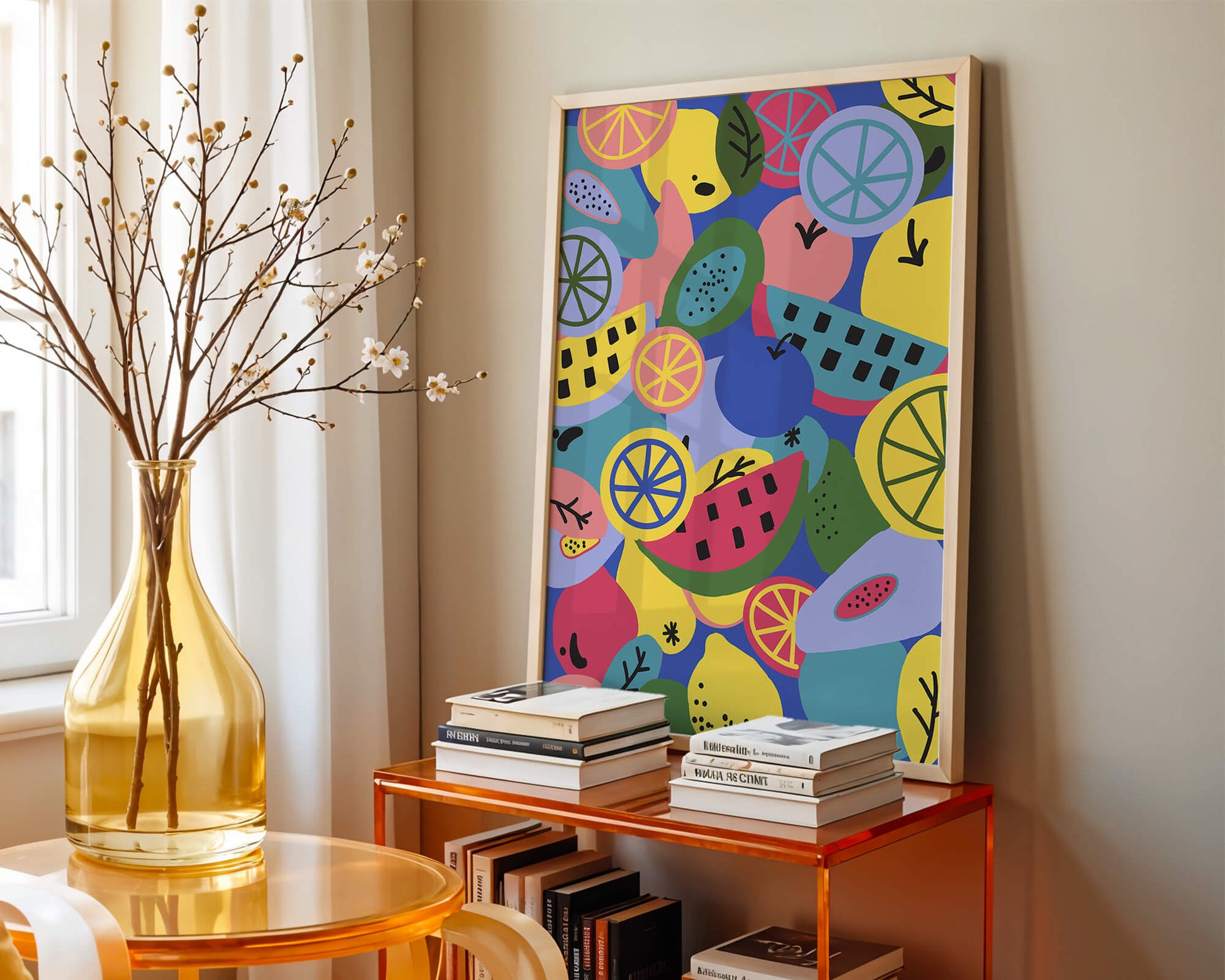 Patrón abstracto de frutas vibrantes con cítricos y melones sobre fondo azul