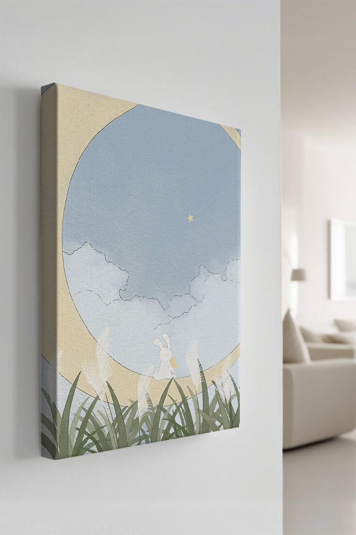 Dreamy Rabbit Sitting on Crescent Moon with Star and Clouds in Sky
