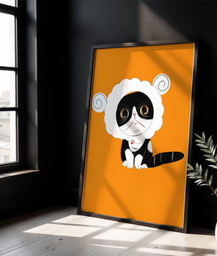 Ilustración de un gato disfrazado de oveja sobre fondo naranja vibrante