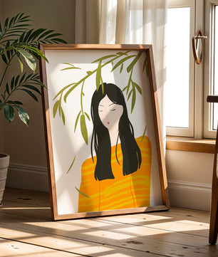 Illustration d'une femme en pull orange avec un fond de feuillage