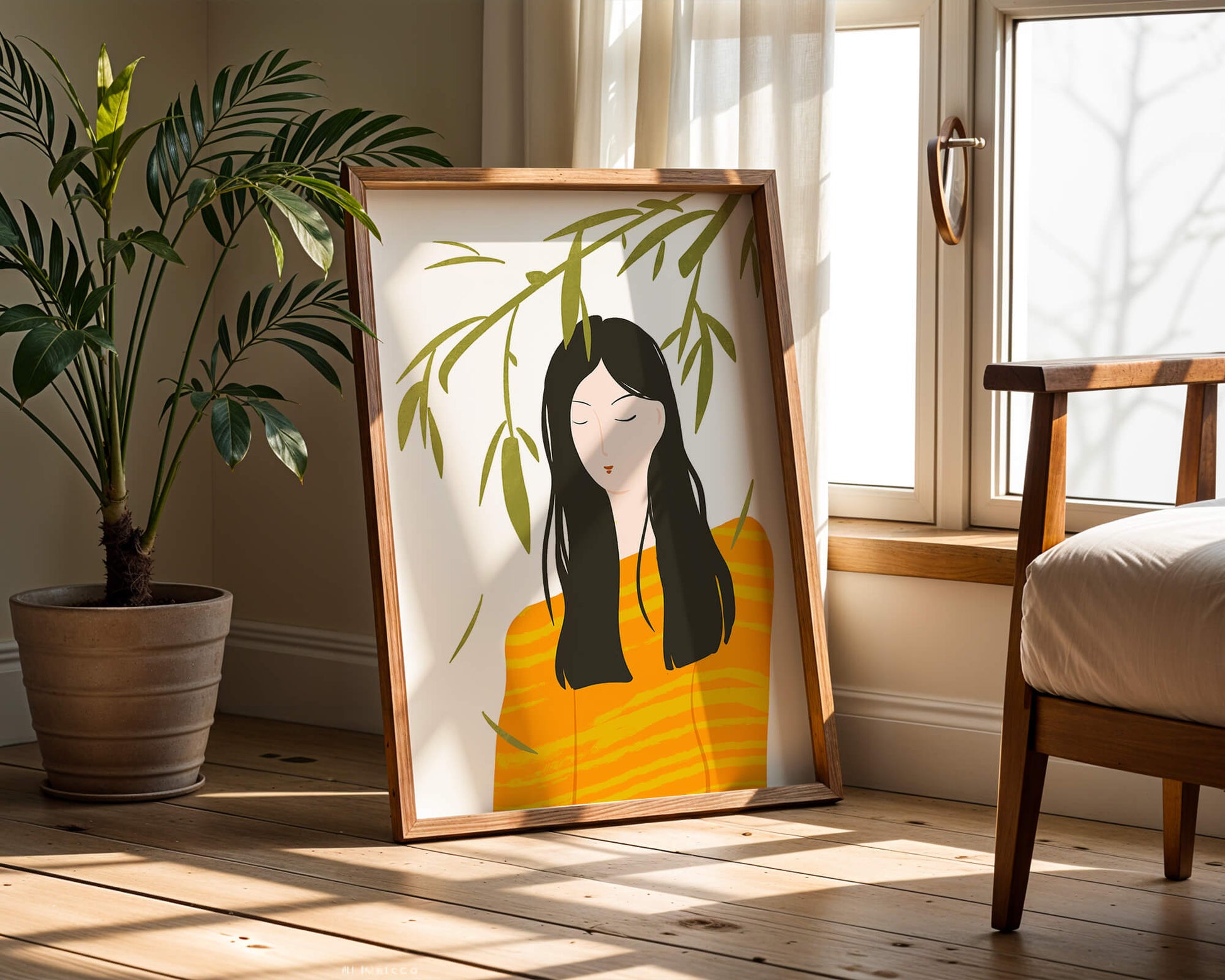 Woman in orange sweater with foliage backdrop illustration