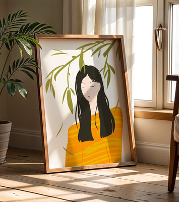 Woman in orange sweater with foliage backdrop illustration