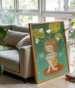 Ilustración de un niño con tocado floral y mariposas