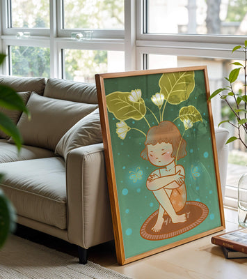Child with floral headpiece and butterflies illustration