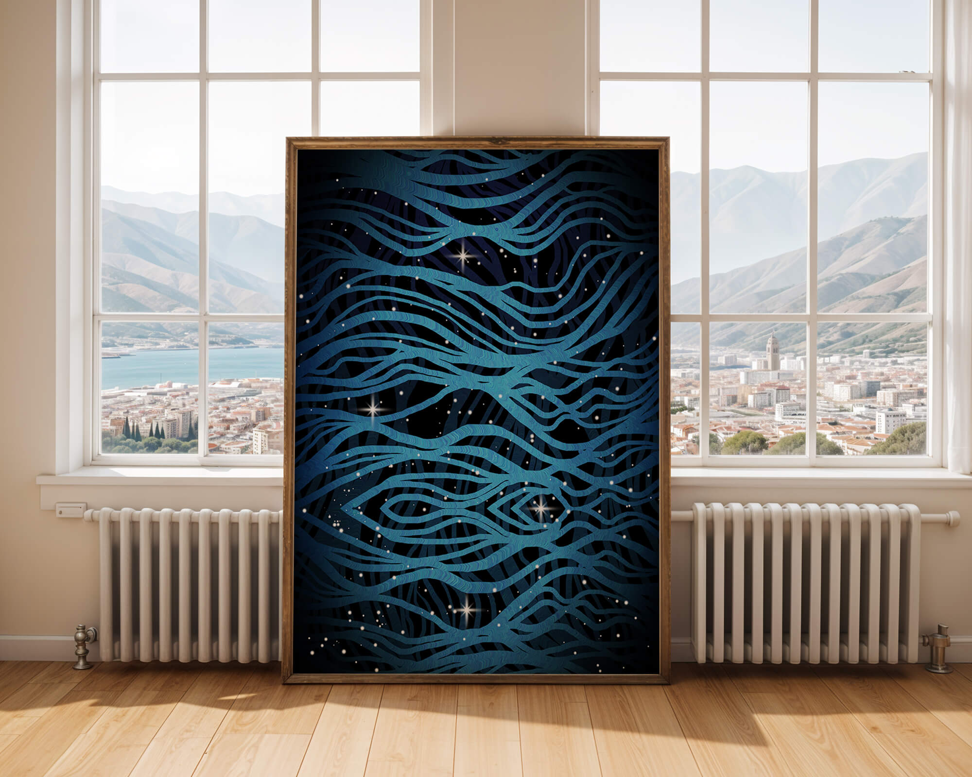 Abstract blue wave lines with starry night background