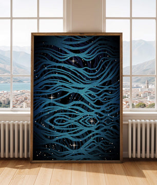 Abstract blue wave lines with starry night background