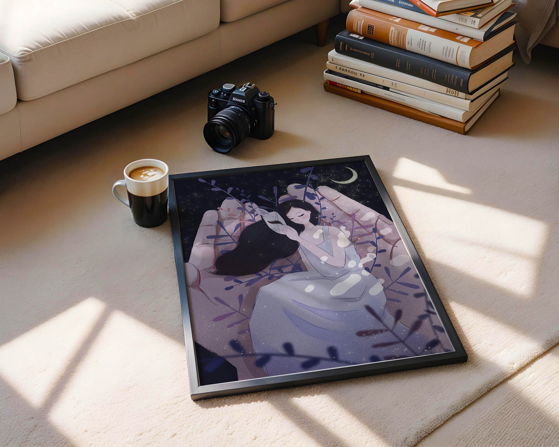 Un momento tierno bajo la luz de la luna con máscara y atmósfera onírica