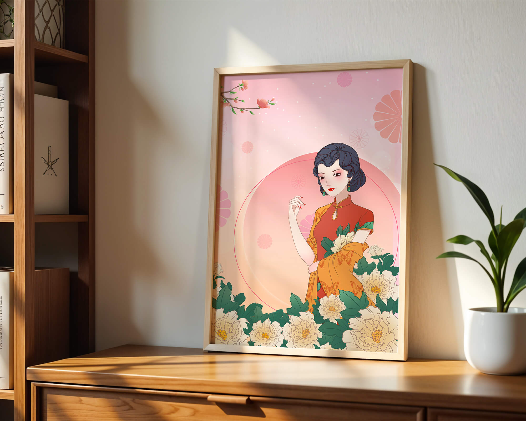 Elegant Woman in Traditional Asian Dress with Floral Background - Mi tienda