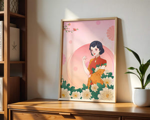 Elegant Woman in Traditional Asian Dress with Floral Background - Mi tienda