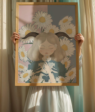 Ilustración de una niña con margaritas y cuernos sobre un fondo pastel