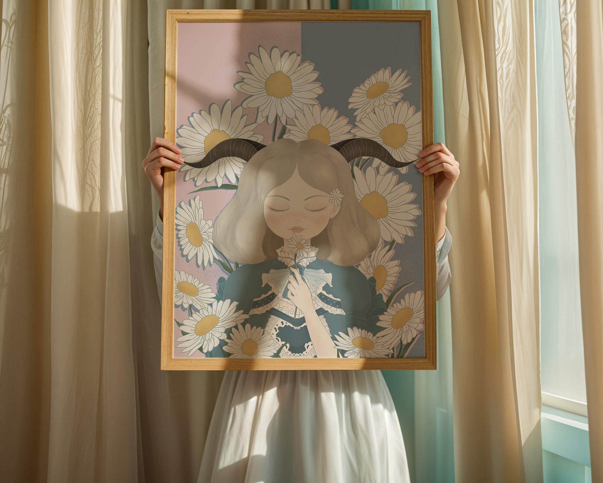 Illustration of girl with daisies and horns on a pastel background